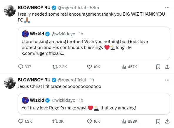 Ruger goes gaga as Wizkid shows appreciation for his music