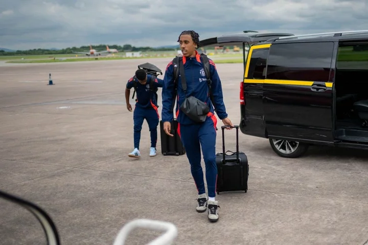 Leny Yoro of Manchester United departs from Manchester Airport ahead of their pre-season tour on July 24, 2024 in Manchester, England.