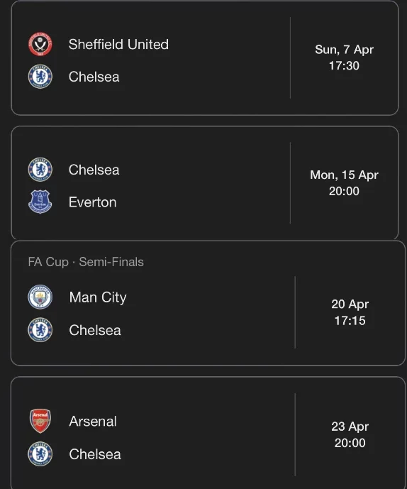 Chelsea's Next Four Matches In All Competitions Including A Tough Game Against Arsenal.