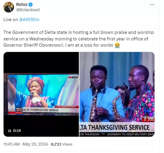 ?I am at a loss for words?- Arise Tv anchor expresses shock as Delta state governor organizes Praise and Worship session to mark his 1st year in office