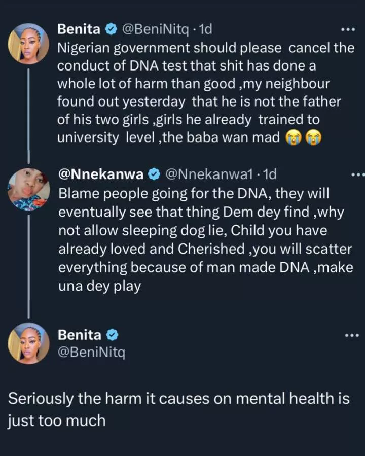 'Government should ban DNA test' - Lady fumes as neighbor discovers daughters are not his