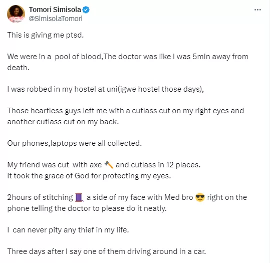 I can never pity any thief in my life - Lady writes as she recounts how she left with a deep cut close to her eyes by a thief who raided her hostel