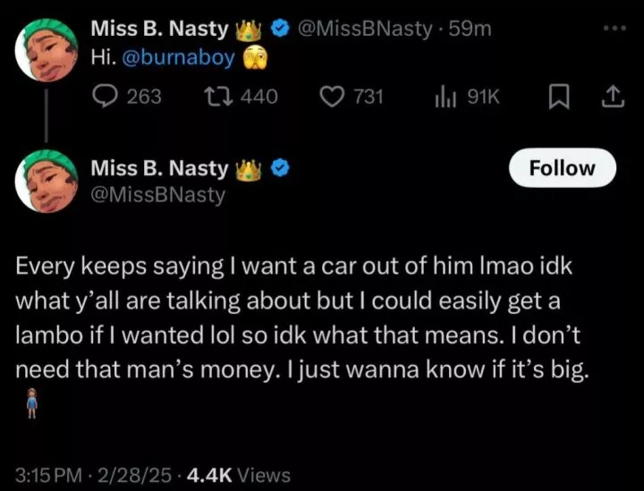 Miss B Nasty sparks buzz as she makes advances at Burna Boy