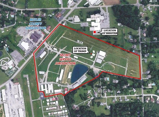 A map showing the jurisdiction of the Secret Service, within the red line parameters of the venue, and the outside, which was under the purview of Butler County officials