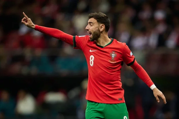 Bruno Fernandes of Portugal reacts during the UEFA Nations League 2024/25 League A Group A1 match between Poland and Portugal at PGE Narodowy on Oc...