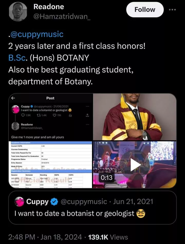 'I'm all yours' - Nigerian man graduates first class in botany, reminds DJ Cuppy of her post about dating a botanist