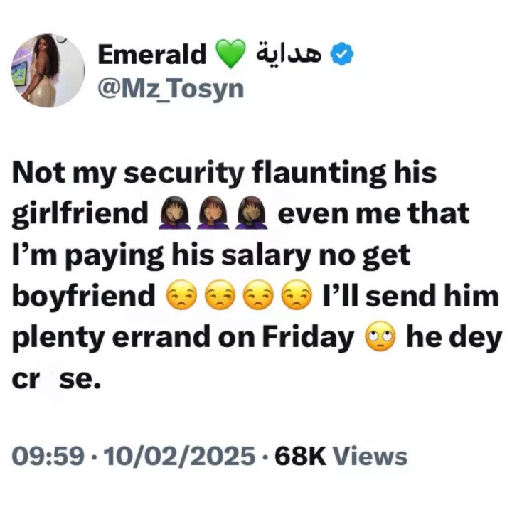 Businesswoman shares her plans for her security guard for flaunting his girlfriend ahead of Val's day