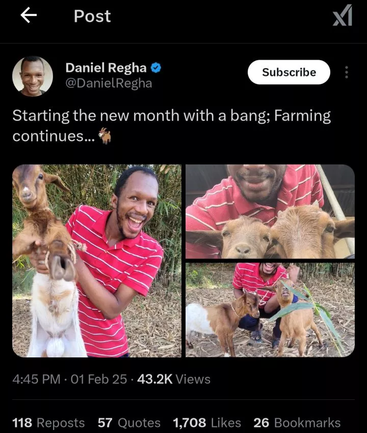 Daniel Regha leaves fans stunned as he embraces farming, poses with his goats