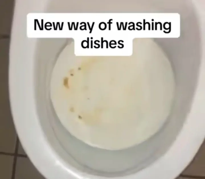 Nigerian man unveils new way of washing dishes as he washes dirty plate with bathroom water closet, causes stir