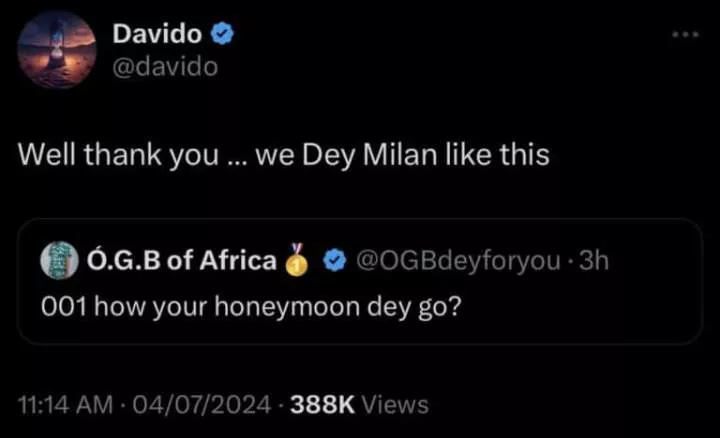 Davido shares romantic update on his vacation with wife, Chioma