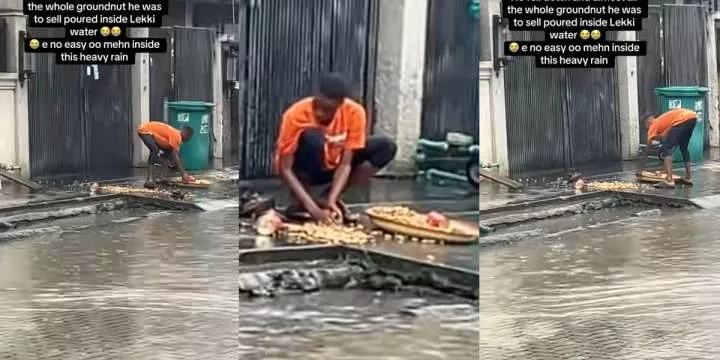 Heartbreaking moment as groundnut seller slips during heavy rain fall, goods scatter on ground