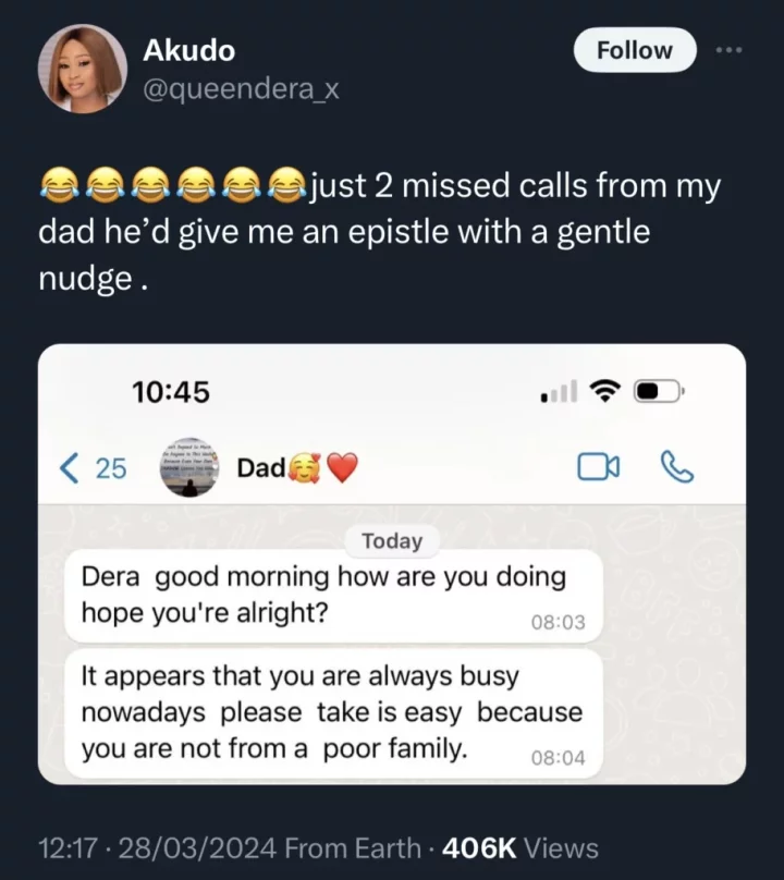 'Please take it easy, you're not from a poor family' - Father's message to his daughter cause buzz online