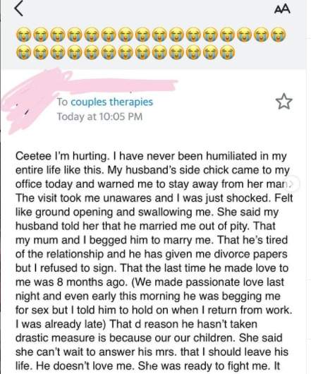 'My husband's side chick came to my office to warn me to stay away from her man' - Woman cries out