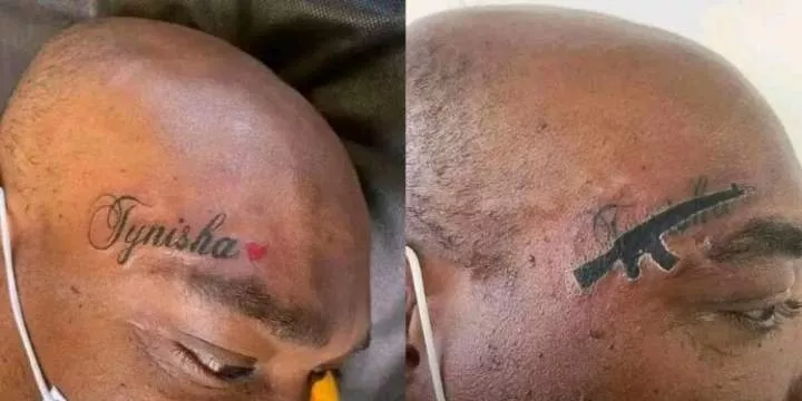 Mixed reactions as man who tattooed girlfriend's name 'Tynisha' changes it to 'gun' after breakup (Photos)