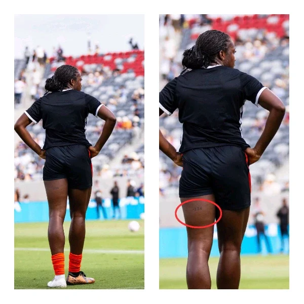 Reactions as Super Falcons defender, Michelle Alozie inscribes Nigeria's country code on her thigh.