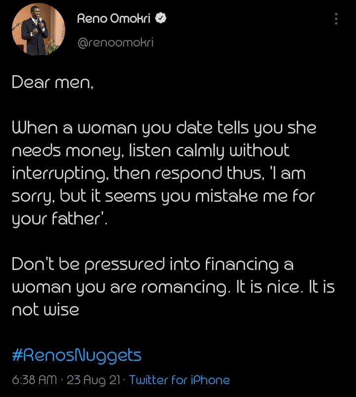 'When a woman you're dating asks you for money, tell her you aren't her father' - Reno Omokri advises men
