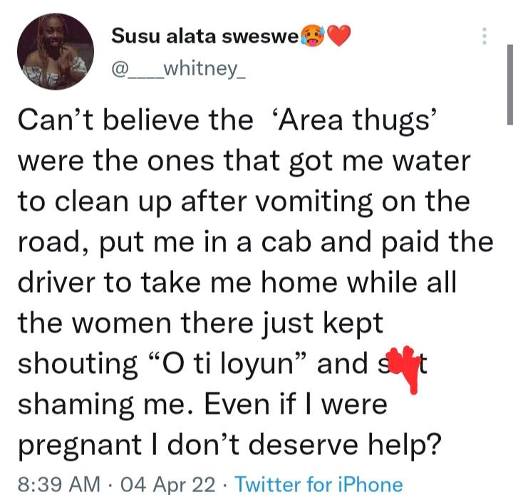 Lady recounts how 'area thugs' helped her when she vomited while women derided and accused her of being pregnant