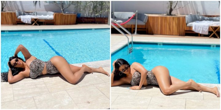 OAP Toke Makinwa shows off glowing skin as she stuns in designer swimwear (Photos)