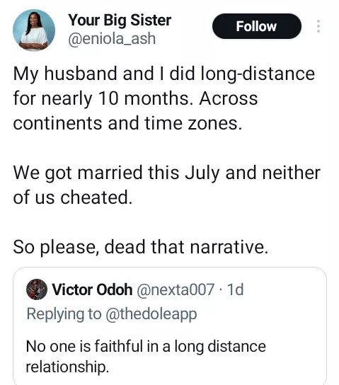 My husband and I did long-distance relationship for 10 months across continents and neither of us cheated - Nigerian woman says