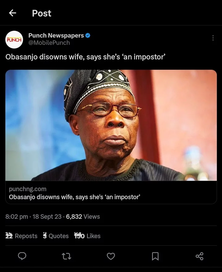 Today's Headlines: Obasanjo Disowns Wife, Says She's An Impostor; OAUTH gets new CMD