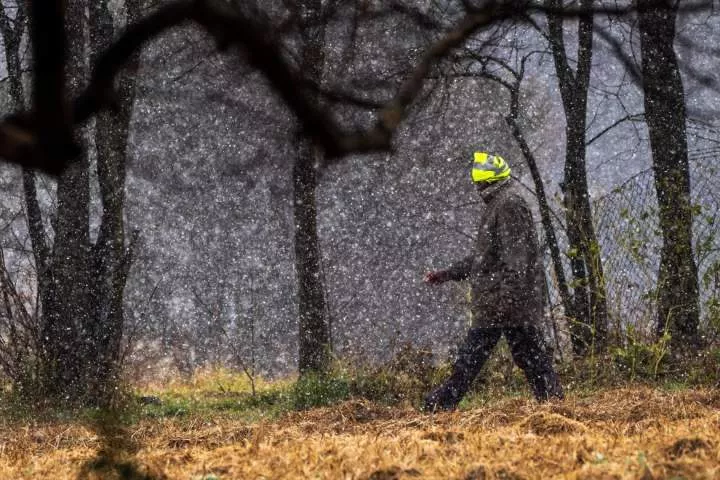 A man walks in a park during a snow storm in Johannesburg