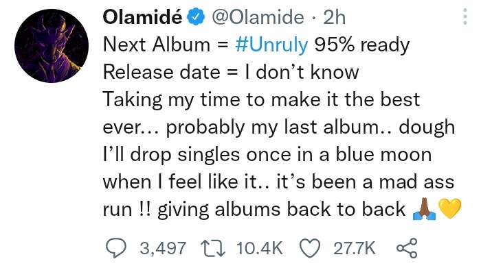 My new album is 95% ready; probably going to be my last album - Olamide says