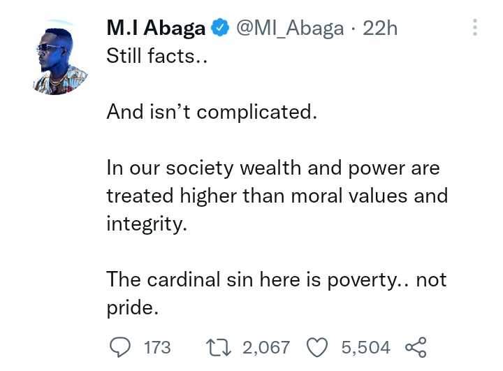 'The cardinal sin here is poverty, not pride' - M.I. Abaga spills, netizens react