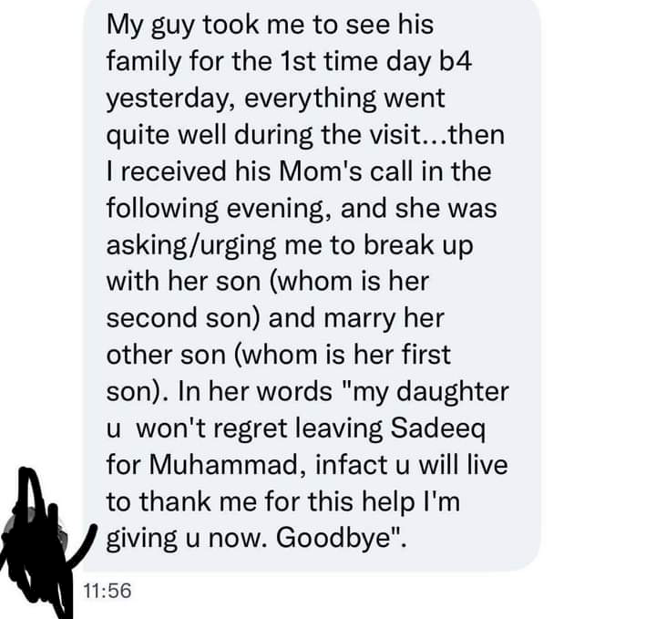 Lady seeks advice as her soon-to-be mother-in-law urges her to leave her fiancé and marry her other son