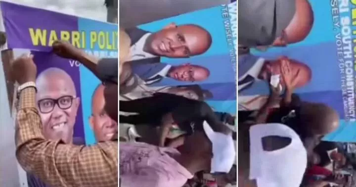 Obidients blow hot, tear off Peter Obi's picture after spotting him on APC campaign banner (Video)
