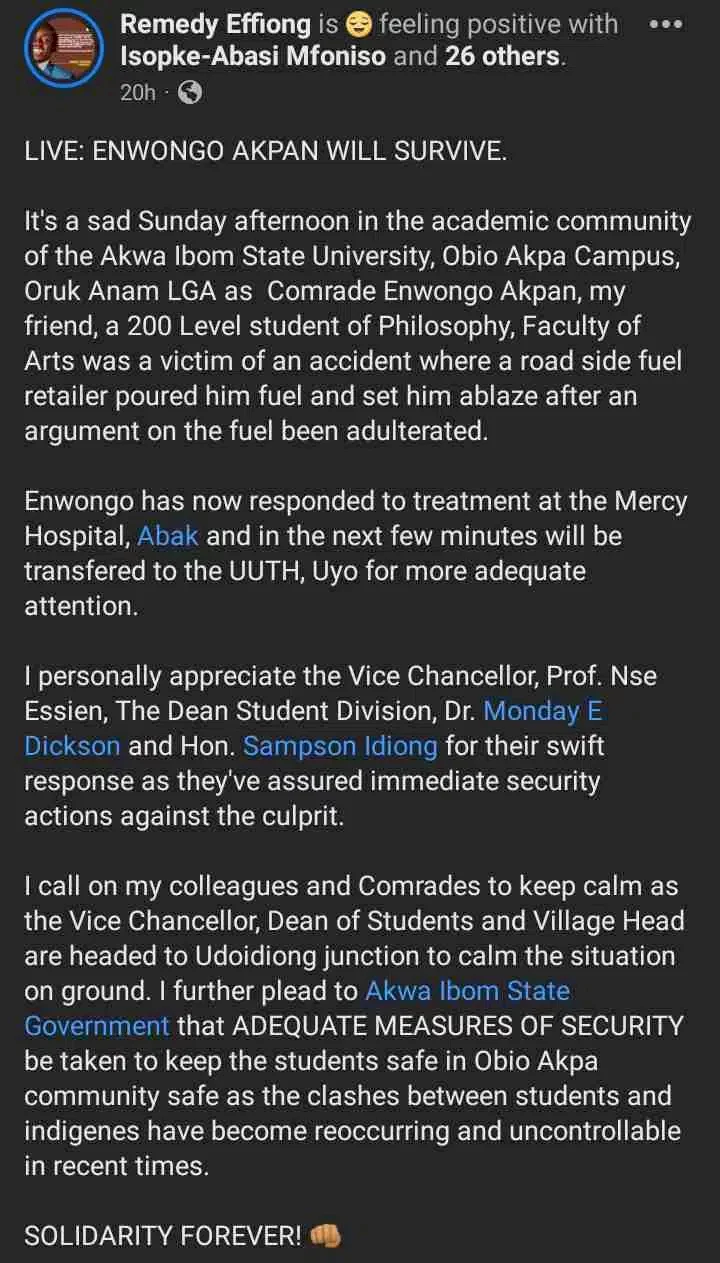 AKSU student hospitalized after he was allegedly set ablaze by community resident amid fierce argument