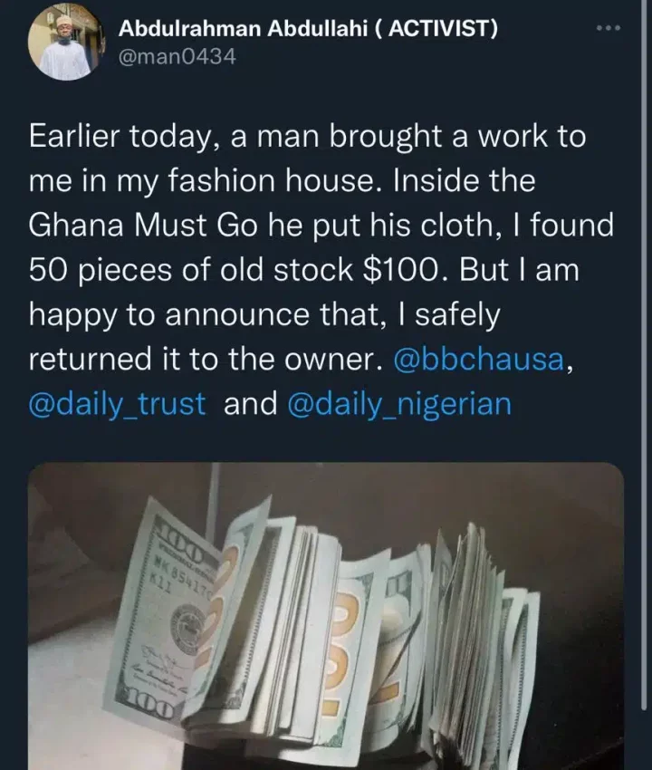 Tailor returns $5k found in customer's cloth bag