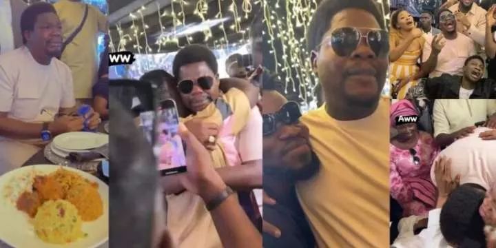 Comedian, Mr Macaroni emotional as Lateef Adedimeji, Kiekie, others throw him surprise birthday bash (Video)
