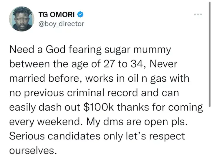 'A God fearing sugar mummy' - TG Omori lists out qualities he seeks in a woman