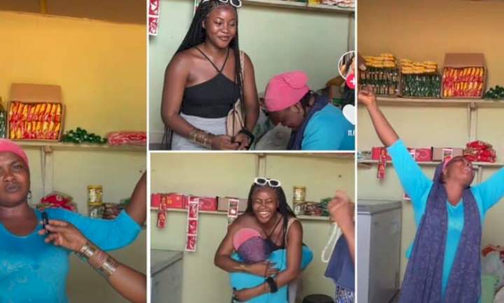 "I'm a shop owner" - Nigerian woman ecstacic as lady gifts her a shop full of goods (Video)