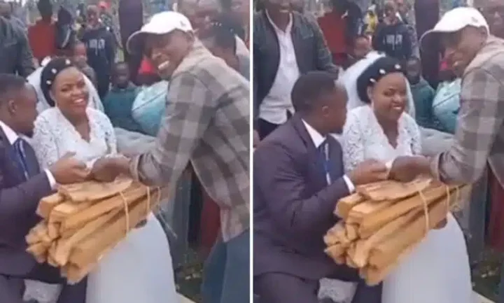 'It's a bad omen' - Mixed reactions as man gifts bundle of firewood to couple on wedding day (Video)