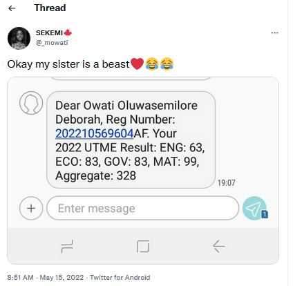 "99 over 100 in maths, her brain na fire" - Reactions as young girl scores 328 in JAMB