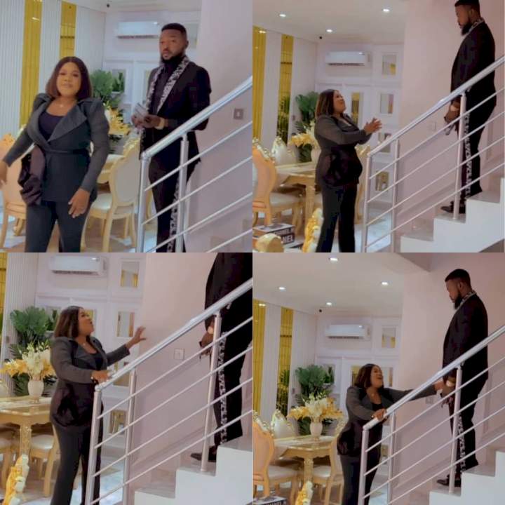 Lol! Actress Toyin Abraham Ajeyemi serenades her husband with a remix of trending song "carry me dey go my husband house'' (video)
