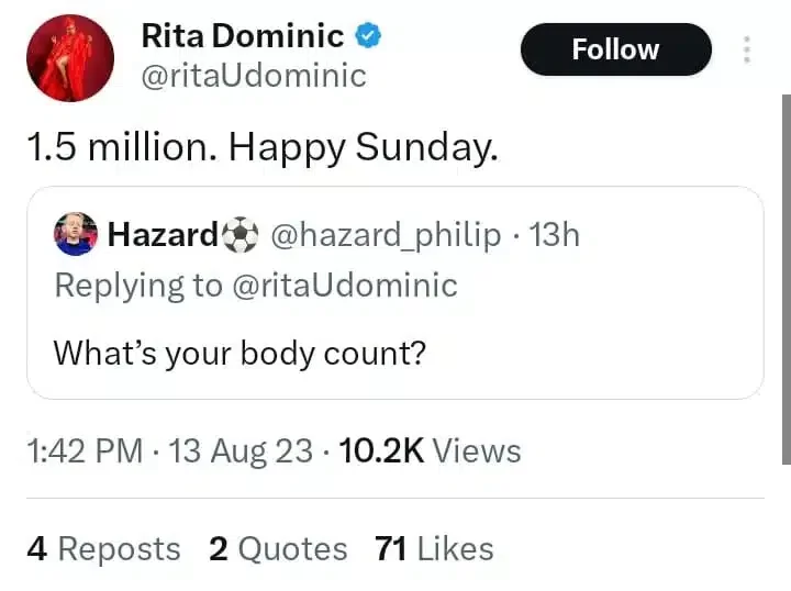 Rita Dominic replies curious fan who asked the number of men she has slept with