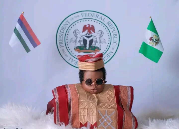 '‎Mr. Macaroni mini' - Little boy stuns in agbada attire for birthday photoshoot, stirs reactions online