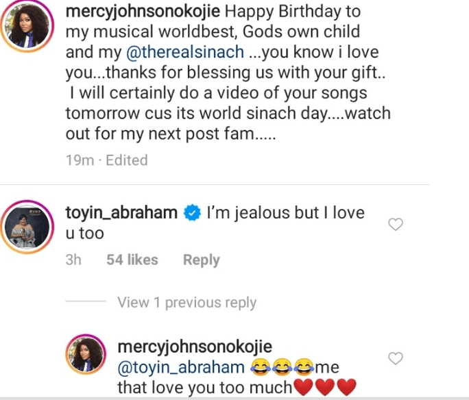 Toyin Abraham expresses jealousy as Mercy Johnson celebrates Sinach with lovely note