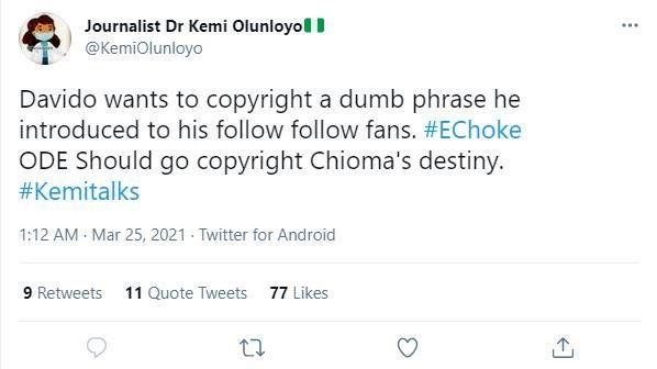 “ODE copyright Chioma’s destiny too” – Kemi Olunloyo attacks Davido over ‘E Choke’ slang