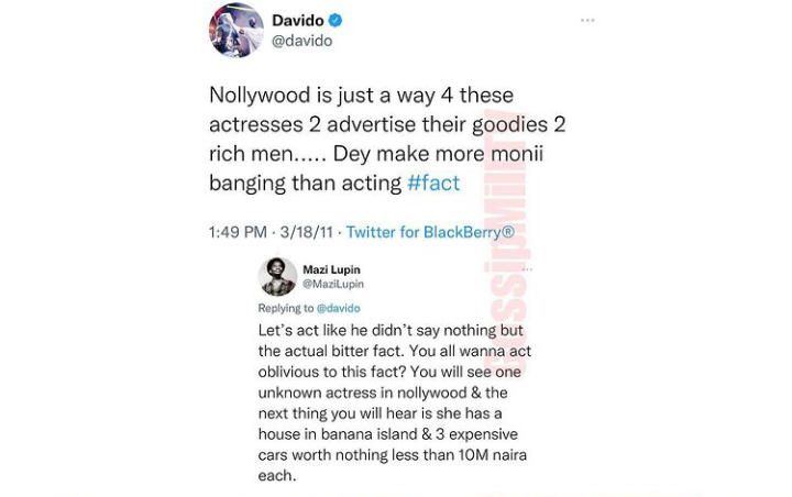 Davido trends as cybercitizens exhume old tweet of him describing 'Nollywood as an avenue for actresses to advertise their goodies'