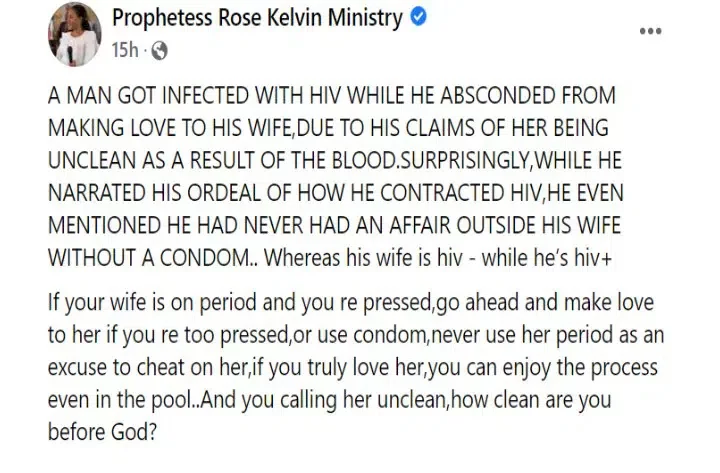 'If your wife is on period and you're pressed, go ahead and make love to her' - Prophetess Rose Kelvin