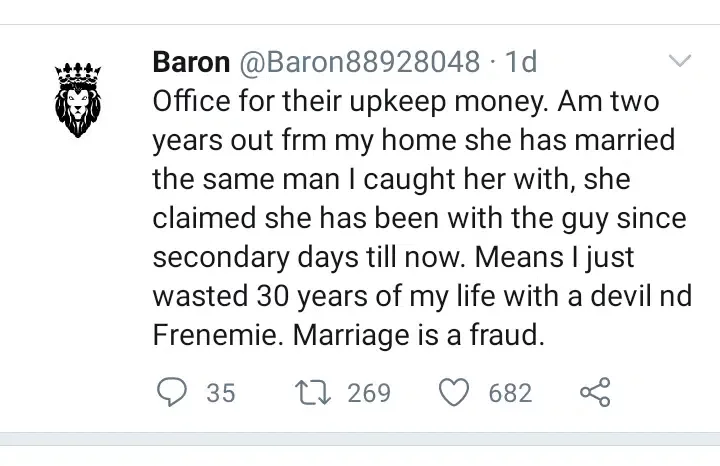 Man moves out of his home after catching his wife of 30 years cheating with her high school boyfriend