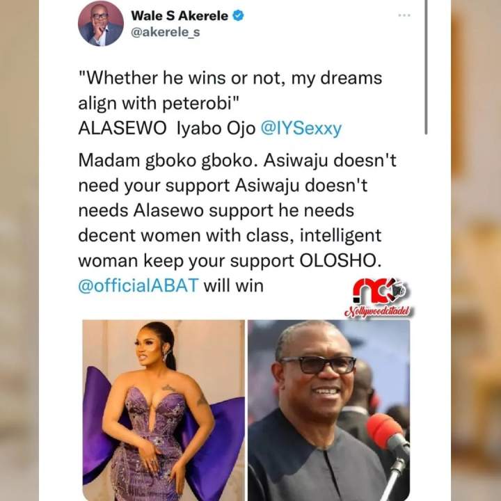 Iyabo Ojo replies troll who slut-shamed her for supporting Peter Obi