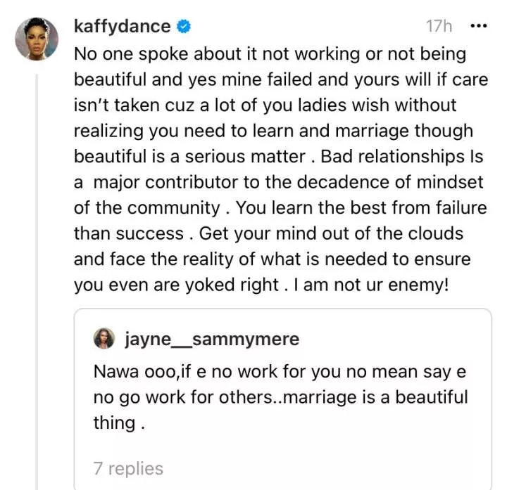 My marriage failed but yours will fail too if care is not taken - Dancer, Kaffy slams troll