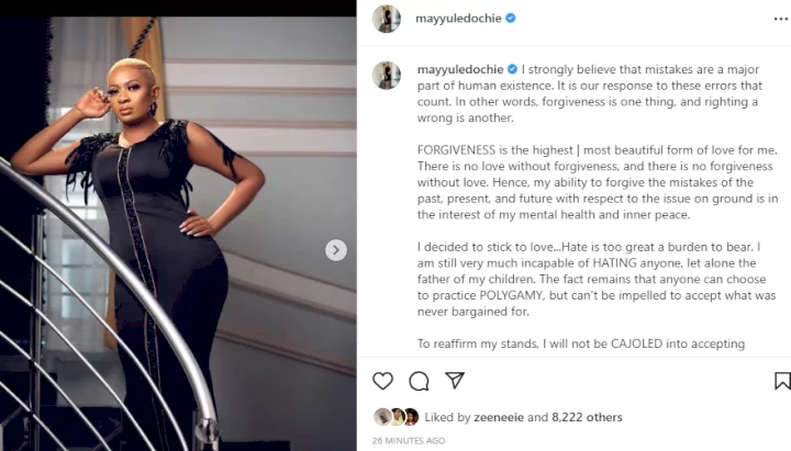 May Yul-Edochie replies her husband after he publicly asked for forgiveness, insists she will not be cajoled into accepting polygamy