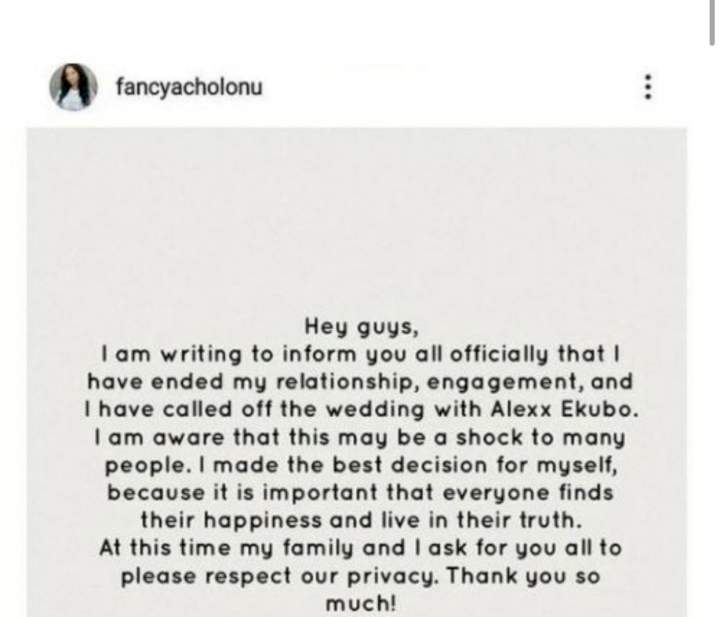 'Nothing makes sense when we're apart, I love you and miss you' - Fancy Acholonu tenders public apology to Alex Ekubo months after she called off their wedding.