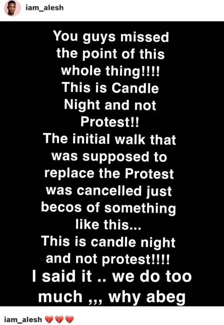 'We do too much; this is candle night and not protest' - Alesh berates Nigerians who were teargased at Lekki toll gate