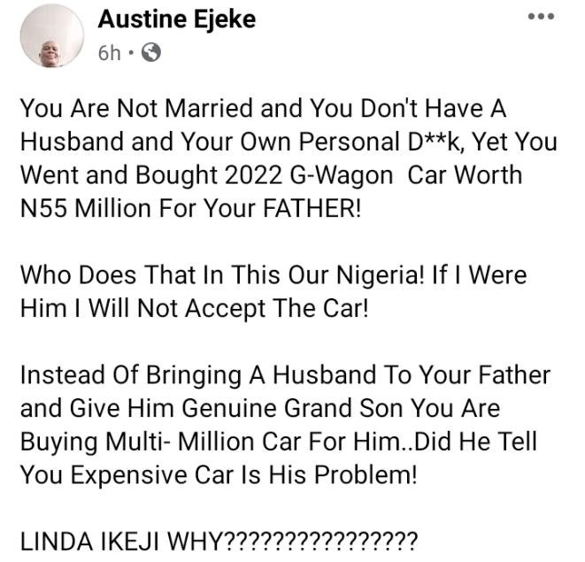 Man drags Linda Ikeji for buying her father a N55million G-Wagon despite being unmarried